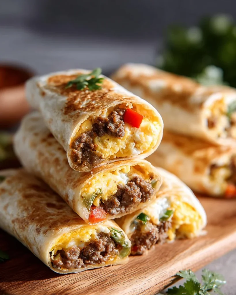A delicious easy breakfast burrito filled with eggs, cheese, and veggies.