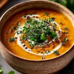 Bowl of easy butternut squash and sweet potato soup garnished with herbs.