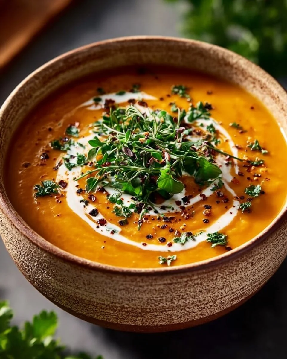 Bowl of easy butternut squash and sweet potato soup garnished with herbs.