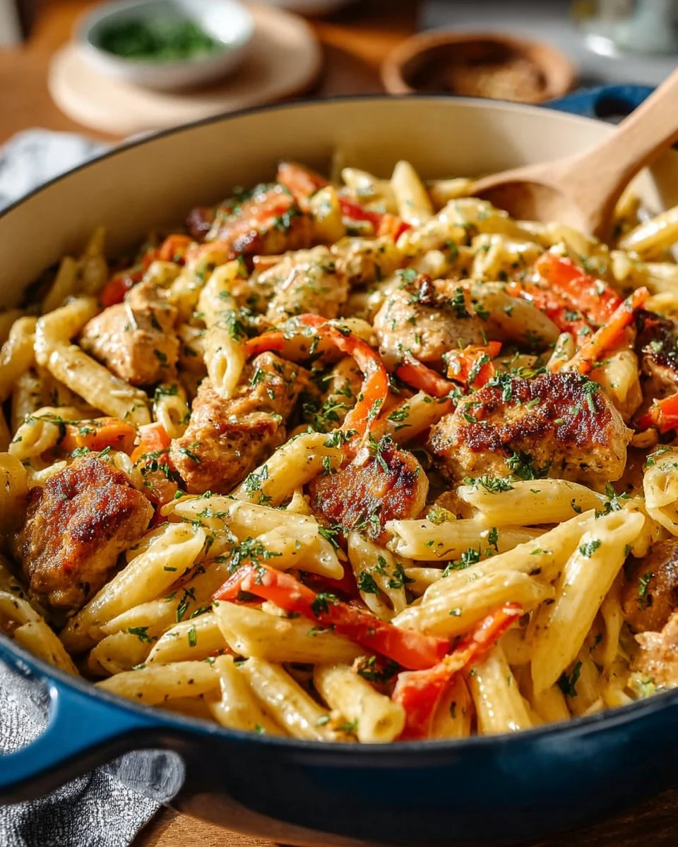 Plate of Easy Cajun Chicken Pasta garnished with herbs and spices