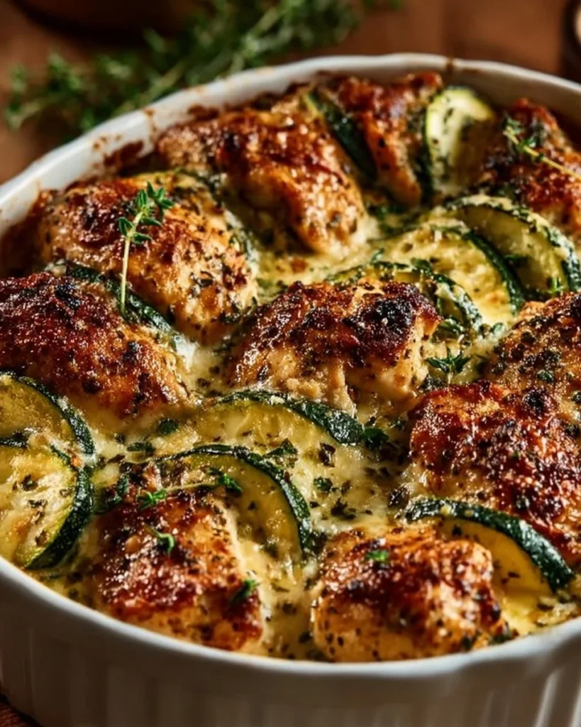 Delicious Easy Chicken Zucchini Bake topped with cheese and herbs