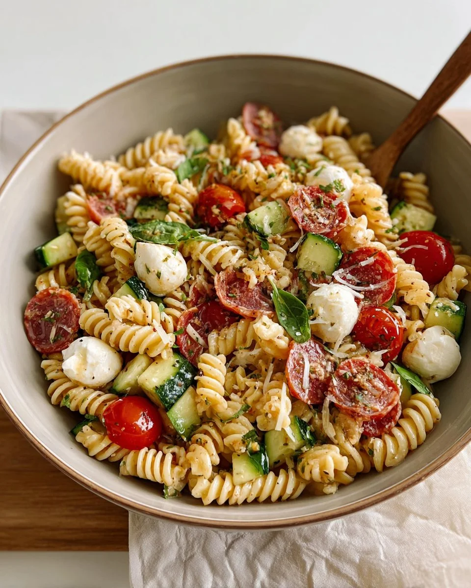 Bowl of easy Italian pasta salad with vibrant vegetables and dressing