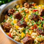 Skillet dish featuring delicious sausage and peppers on a plate