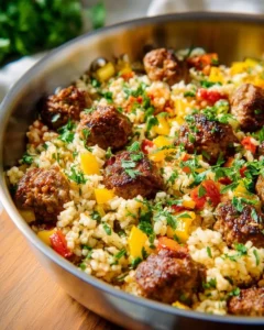 Skillet dish featuring delicious sausage and peppers on a plate