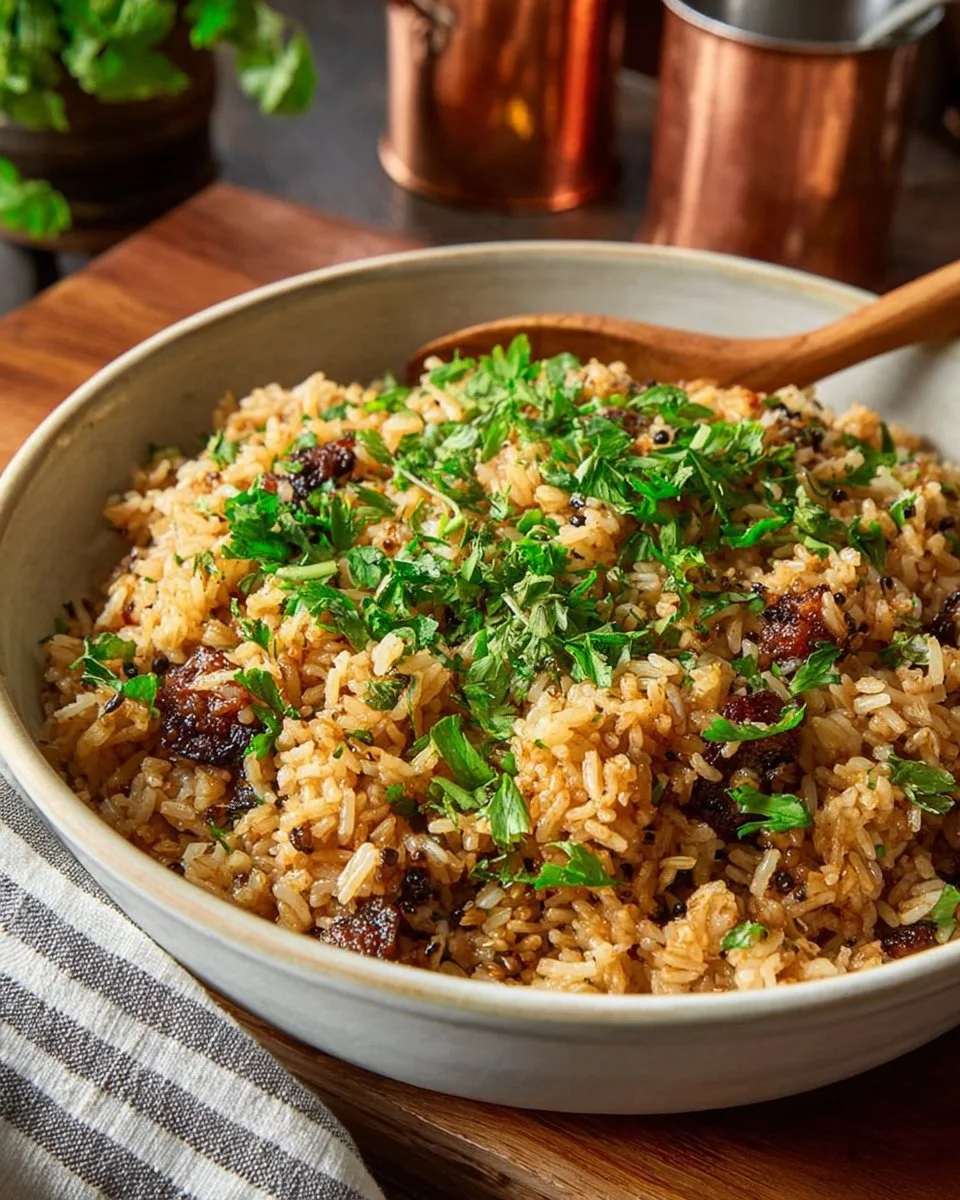 Delicious French Onion Rice Bake topped with melted cheese and herbs