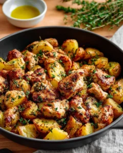 Delicious Garlic Butter Chicken served with roasted potatoes on a plate