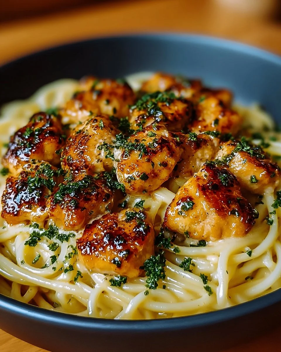 Delicious Garlic Butter Chicken Pasta served in a bowl