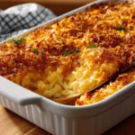 A delicious serving of Grandma's Hash Brown Casserole with golden crispy edges.