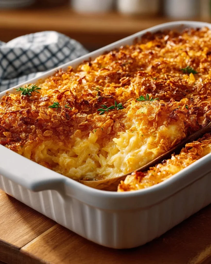 A delicious serving of Grandma's Hash Brown Casserole with golden crispy edges.