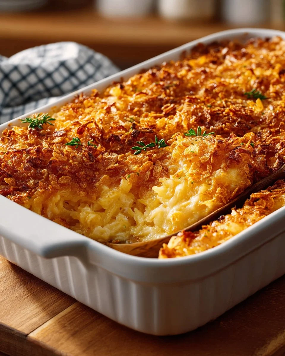 A delicious serving of Grandma's Hash Brown Casserole with golden crispy edges.