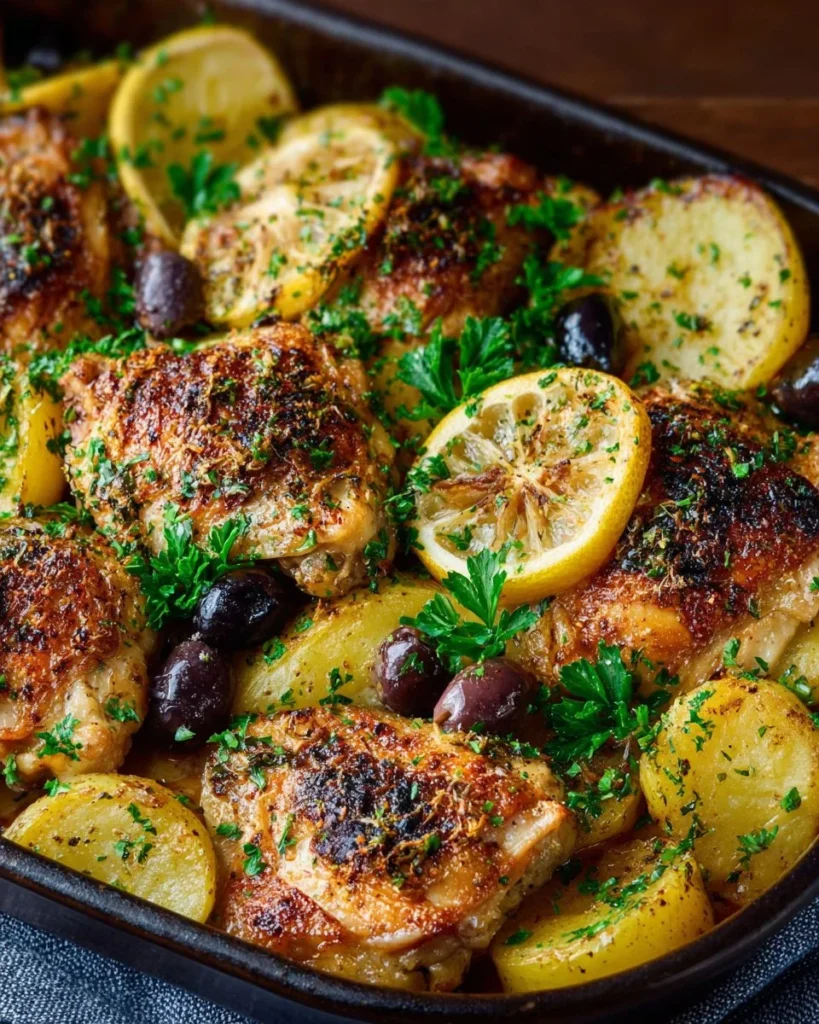 Delicious Greek Chicken served with flavorful roasted potatoes