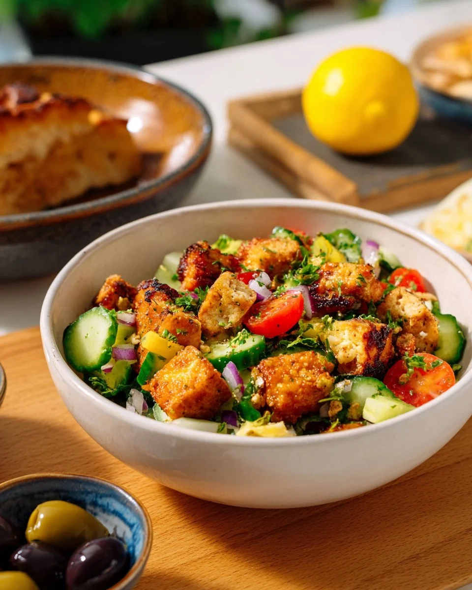 Greek salad featuring crispy feta cheese and fresh vegetables