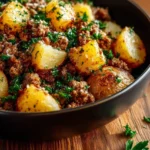 Ground turkey with potatoes dish served in a bowl, garnished with herbs.