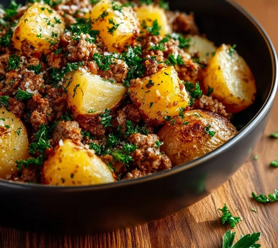 Ground turkey with potatoes dish served in a bowl, garnished with herbs.