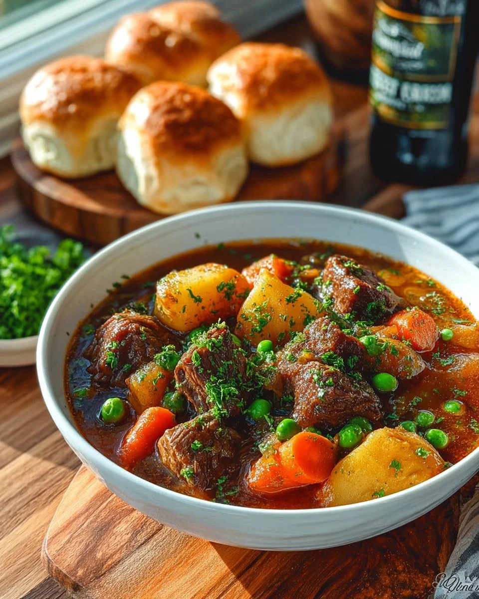 Delicious and hearty beef stew simmering with vegetables and spices