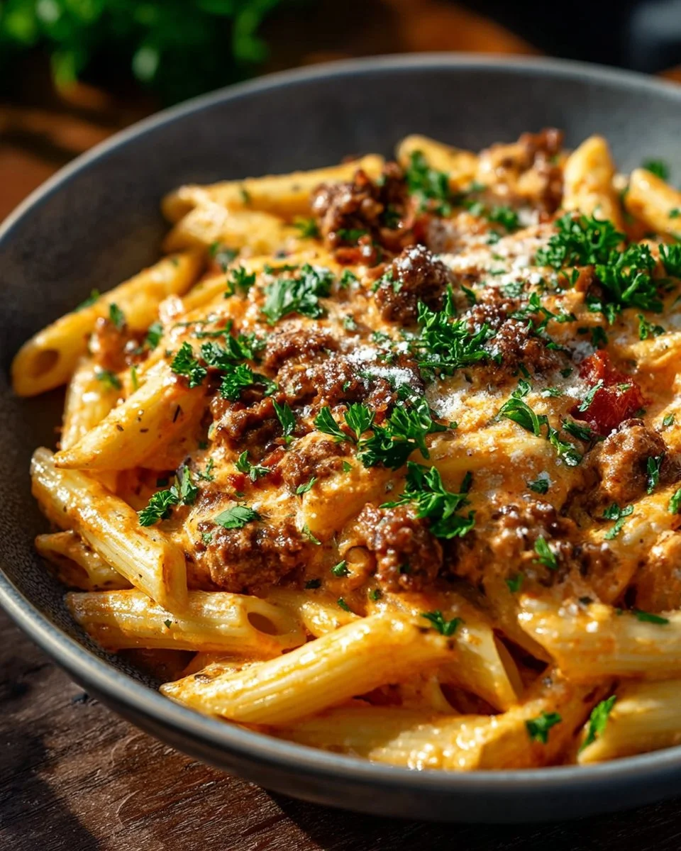 Creamy beef pasta dish garnished with herbs and cheese