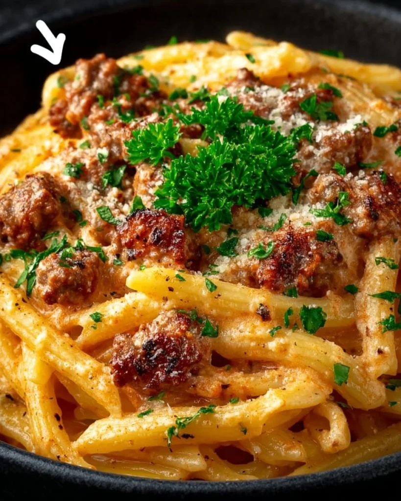 Creamy beef pasta dish garnished with herbs and spices for a delicious meal