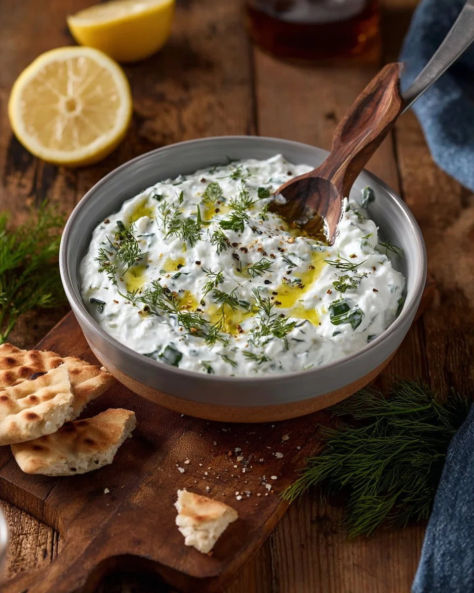 High protein tzatziki dip served in a bowl with fresh vegetables