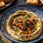 Bowl of homemade hummus with fresh vegetables ready for dipping