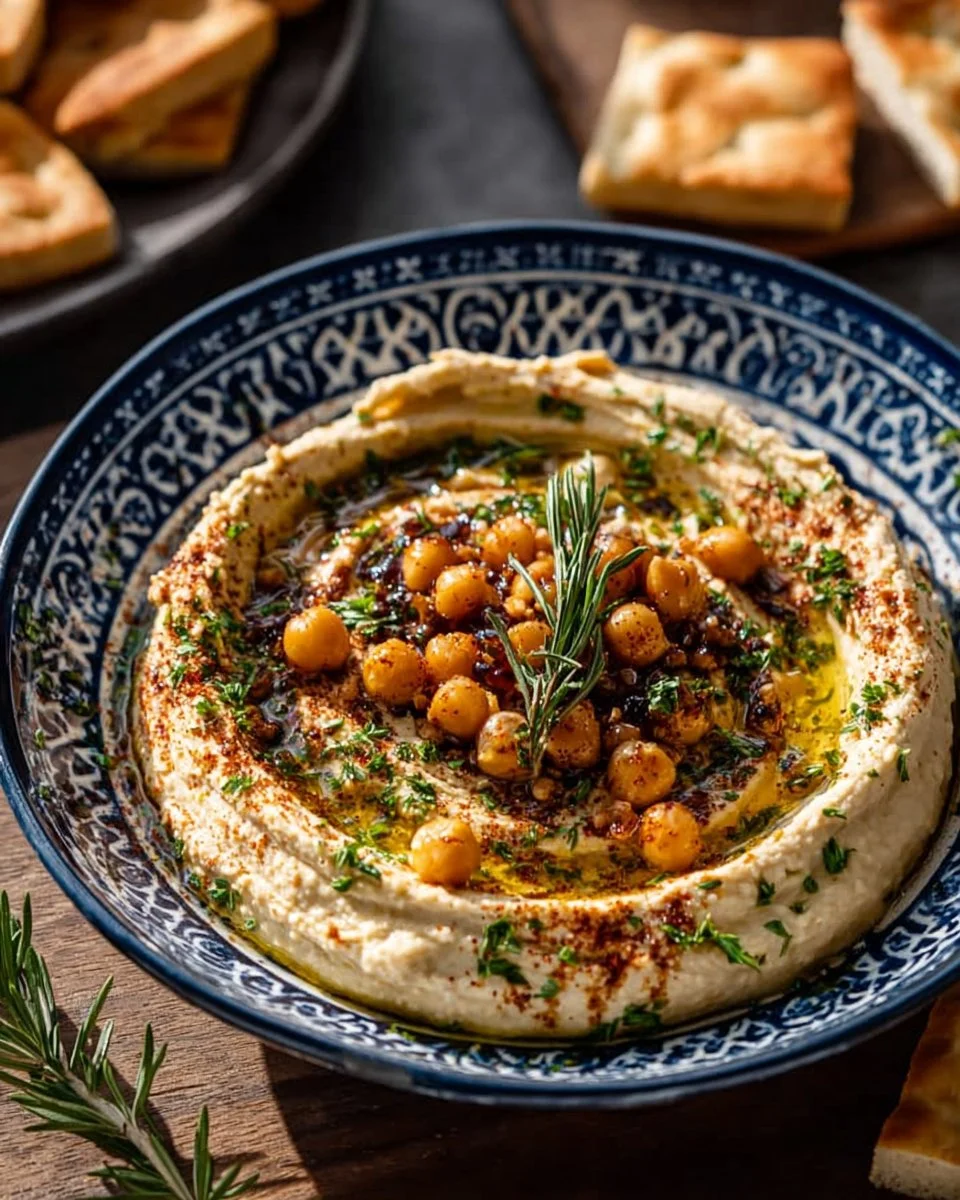 Bowl of homemade hummus with fresh vegetables ready for dipping