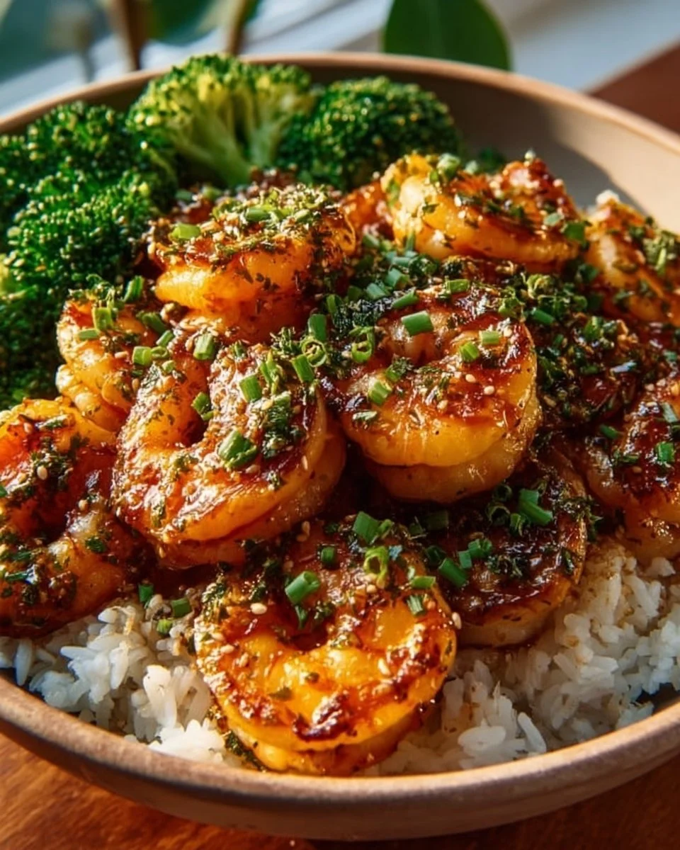 Honey garlic shrimp bowls served with vegetables and rice