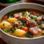 Bowl of hot ham soup garnished with herbs and vegetables