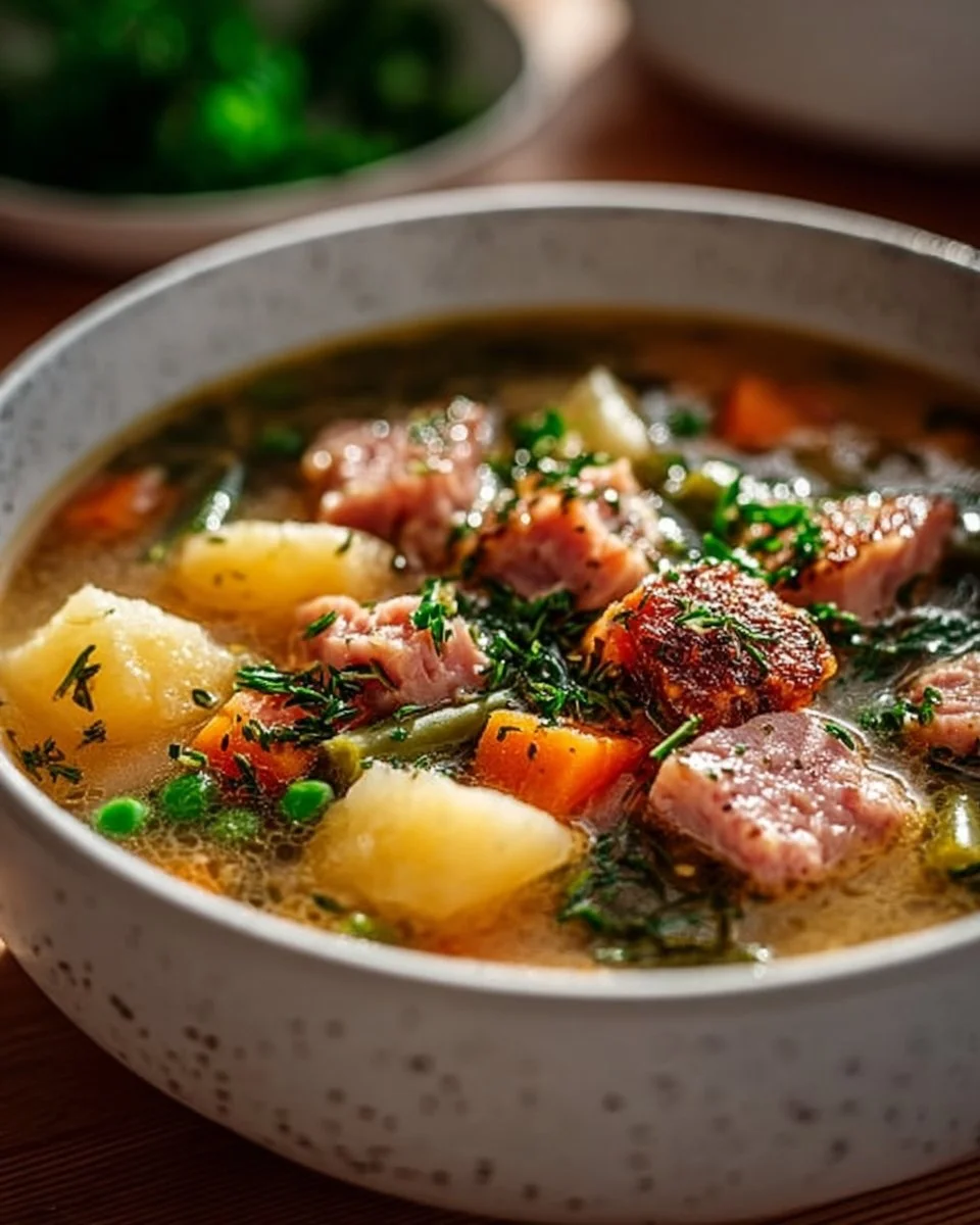 Bowl of hot ham soup garnished with herbs and vegetables