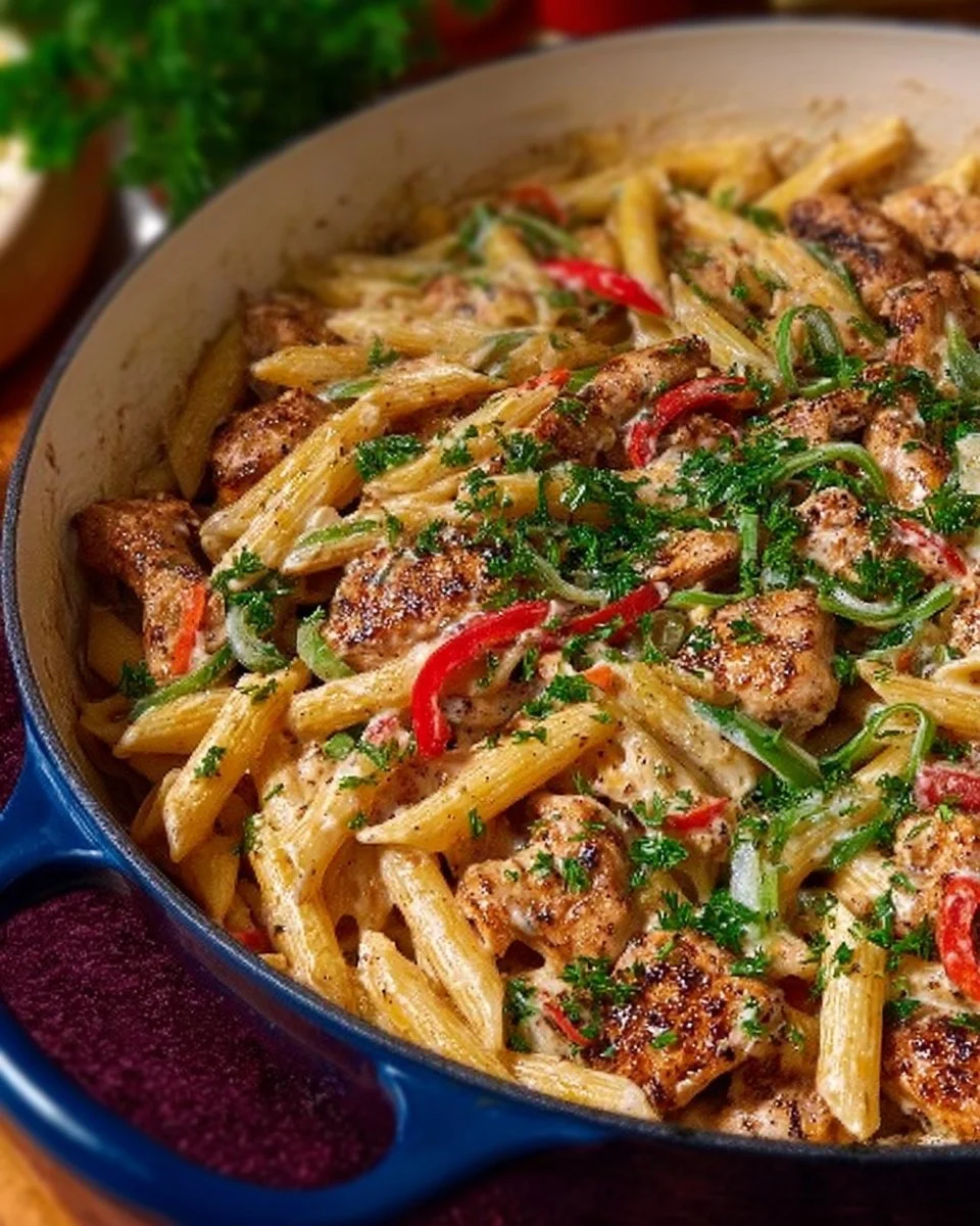 Delicious Jamaican Rasta Pasta with colorful vegetables and spices