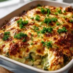 Keto Chicken Alfredo Bake dish served on a plate with parsley garnish