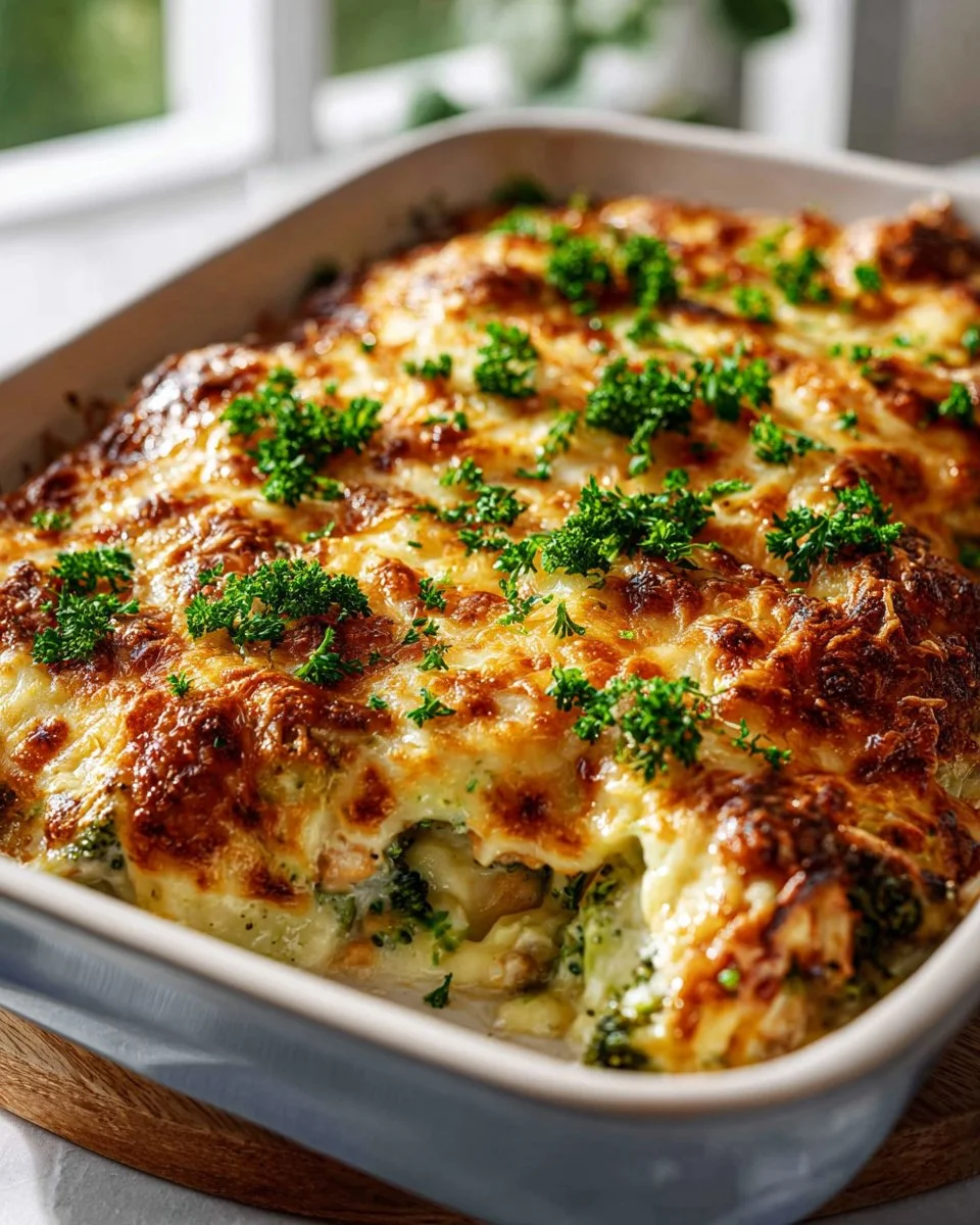 Keto Chicken Alfredo Bake dish served on a plate with parsley garnish