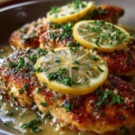 Plate of Lemon Chicken Romano served with lemon slices and herbs