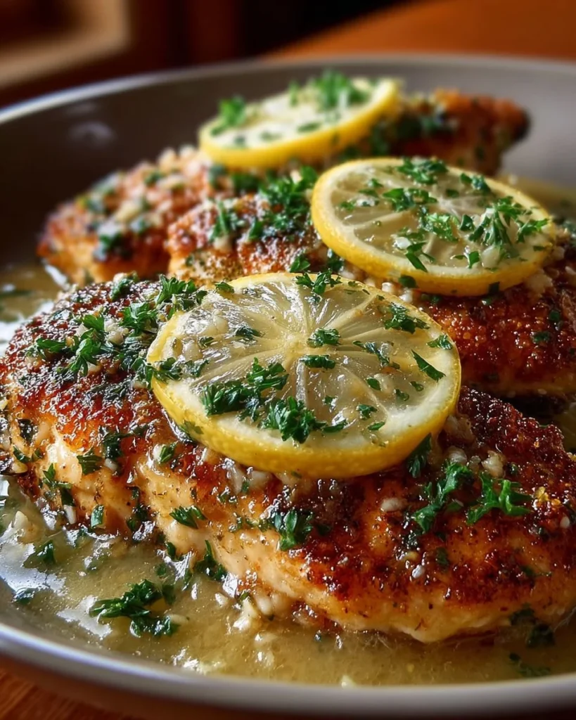 Plate of Lemon Chicken Romano served with lemon slices and herbs