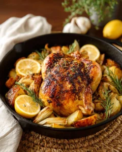 Lemon Garlic Roasted Chicken served on a platter with garnishes