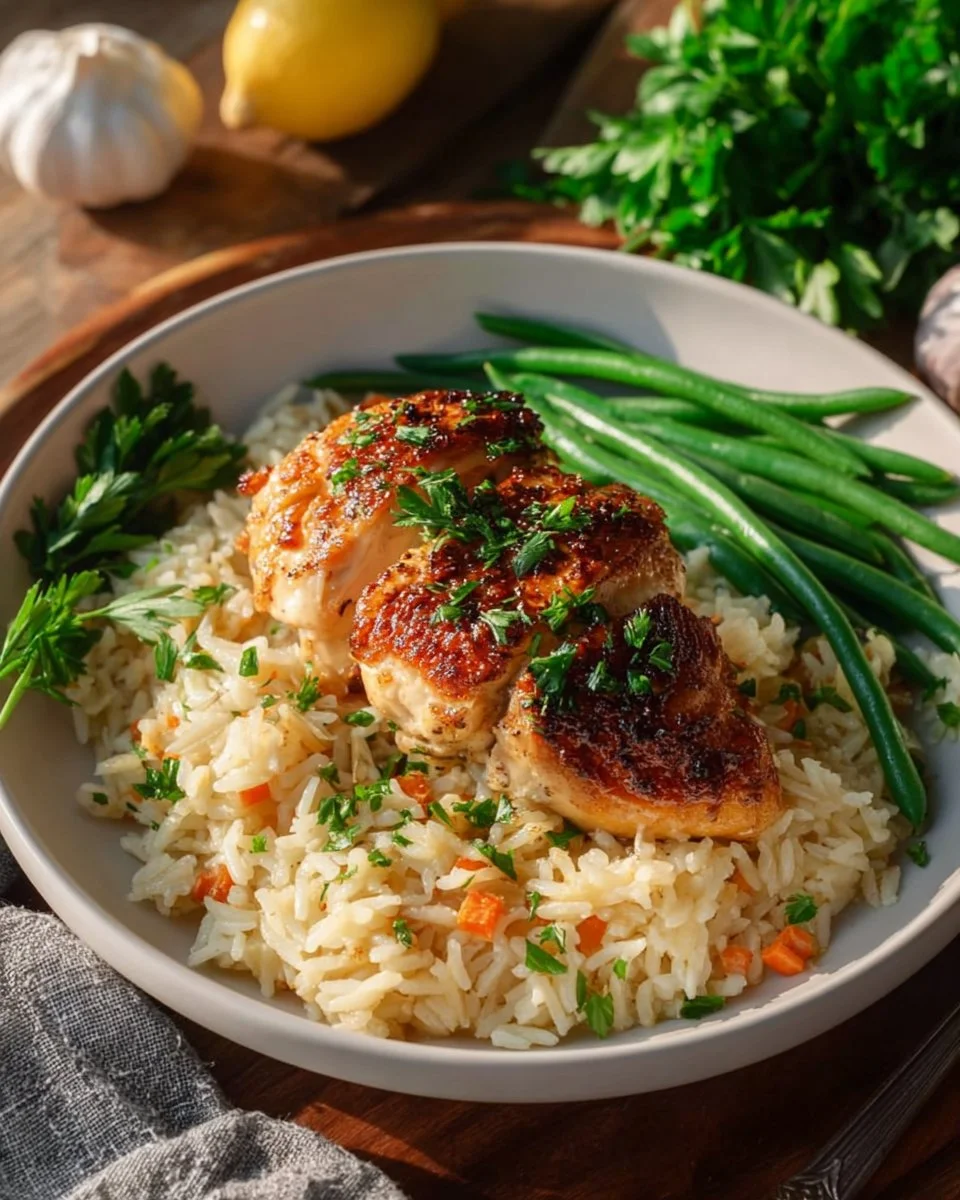Delicious Lemon Herb Chicken served with rice pilaf on a plate