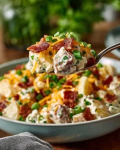 Delicious loaded baked potato salad with bacon, cheese, and green onions.