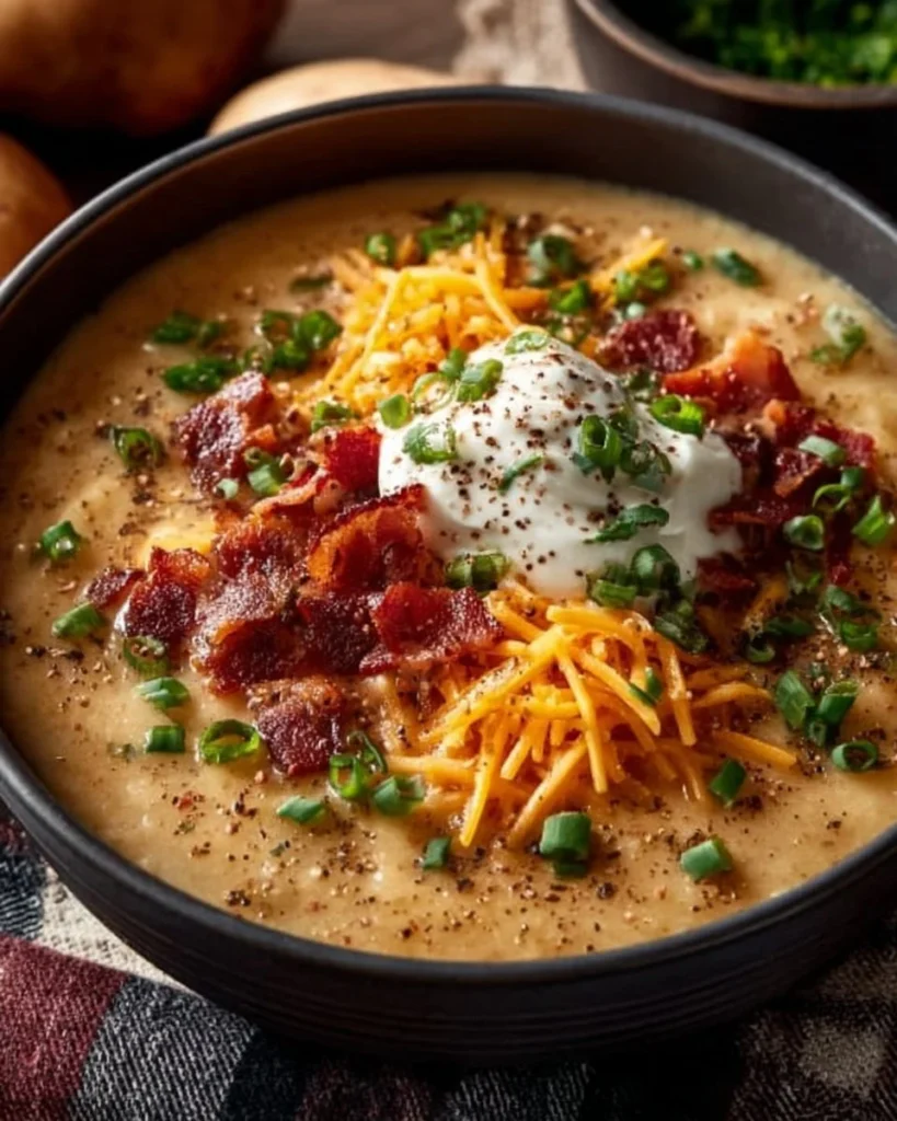 Delicious loaded baked potato soup topped with cheese and bacon