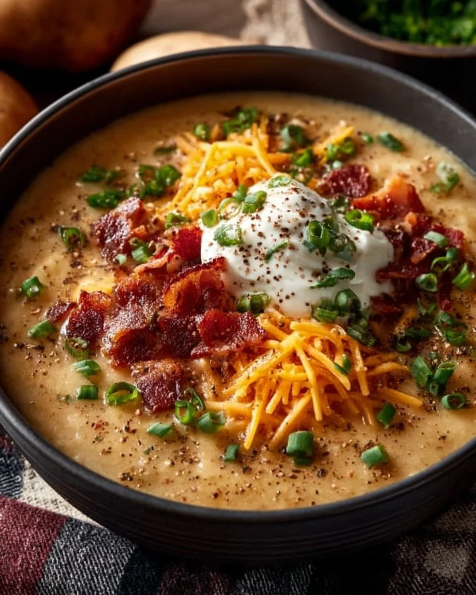 Delicious loaded baked potato soup topped with cheese and bacon