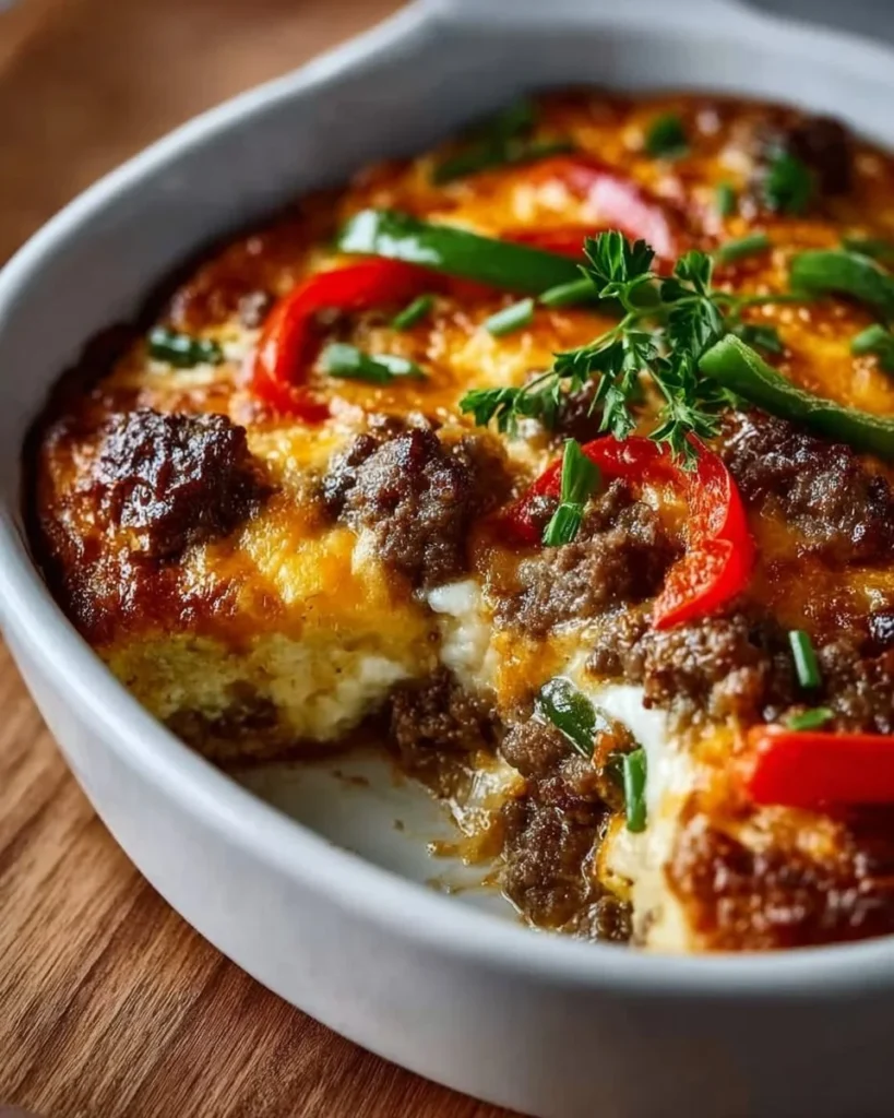Delicious low carb Philly cheesesteak casserole served in a bowl