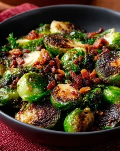 Bowl of Maple Bacon Roasted Brussels Sprouts garnished with herbs