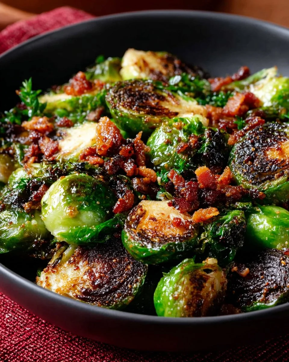 Bowl of Maple Bacon Roasted Brussels Sprouts garnished with herbs