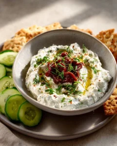 Creamy Mediterranean Feta Dip garnished with herbs in a bowl