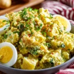 Delicious Mustard Potato Salad served in a bowl with fresh herbs.