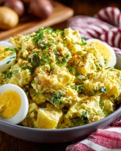 Delicious Mustard Potato Salad served in a bowl with fresh herbs.