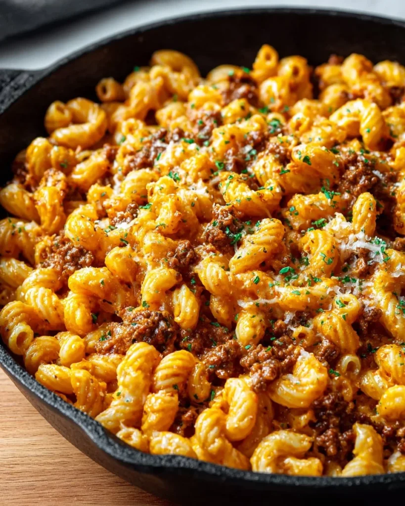 Delicious One Pot Cheeseburger Pasta in a skillet with cheese and beef.