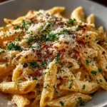 One Pot Creamy Garlic Pasta dish served in a bowl with fresh herbs