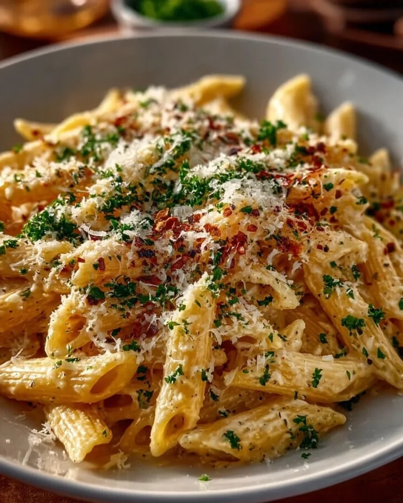 One Pot Creamy Garlic Pasta dish served in a bowl with fresh herbs
