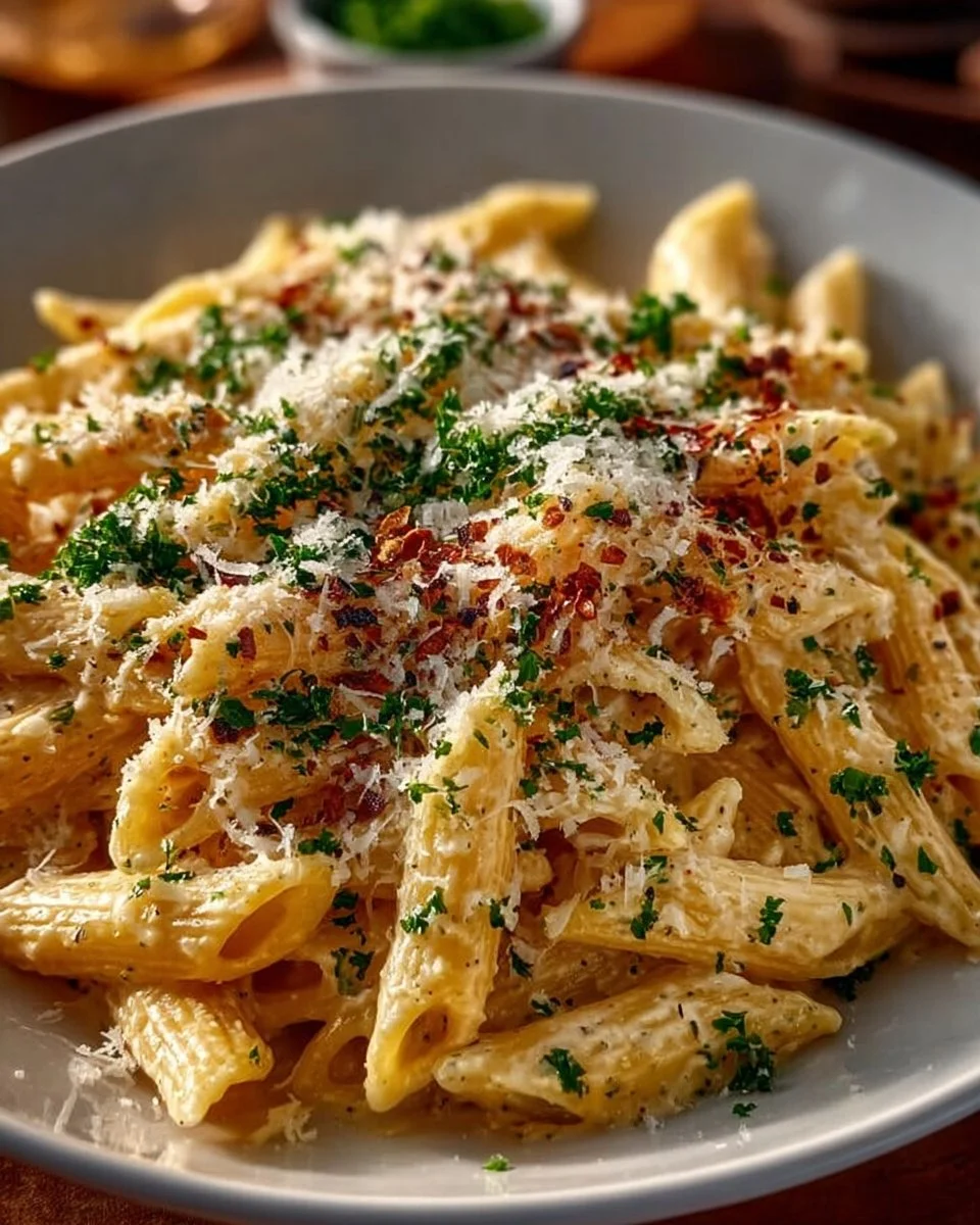 One Pot Creamy Garlic Pasta dish served in a bowl with fresh herbs