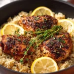 One Pot Lemon Herb Chicken served with rice in a vibrant dish