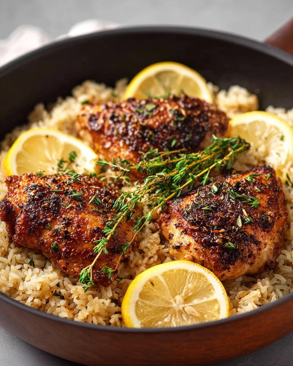 One Pot Lemon Herb Chicken served with rice in a vibrant dish