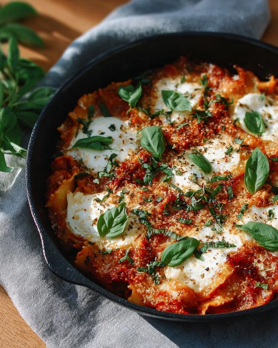 One-Pot Vegetable Lasagna with layers of vegetables and cheese in a skillet